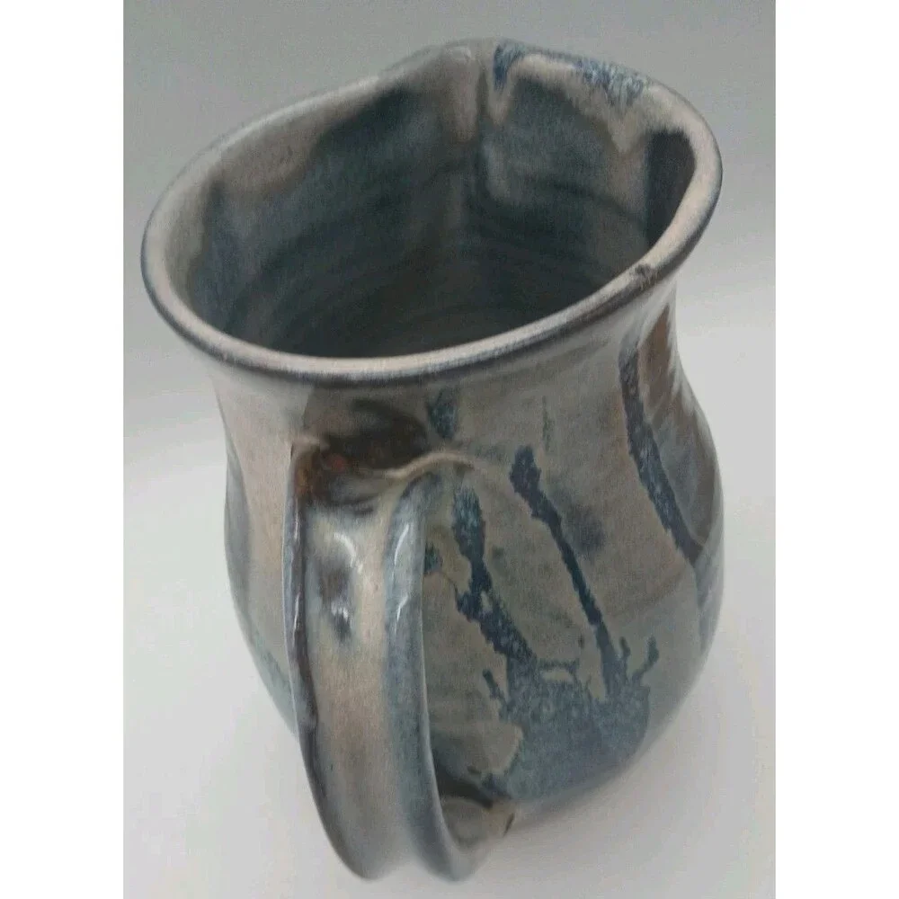 Studio Pottery Pitcher Signed Blue Gray Drip Redware